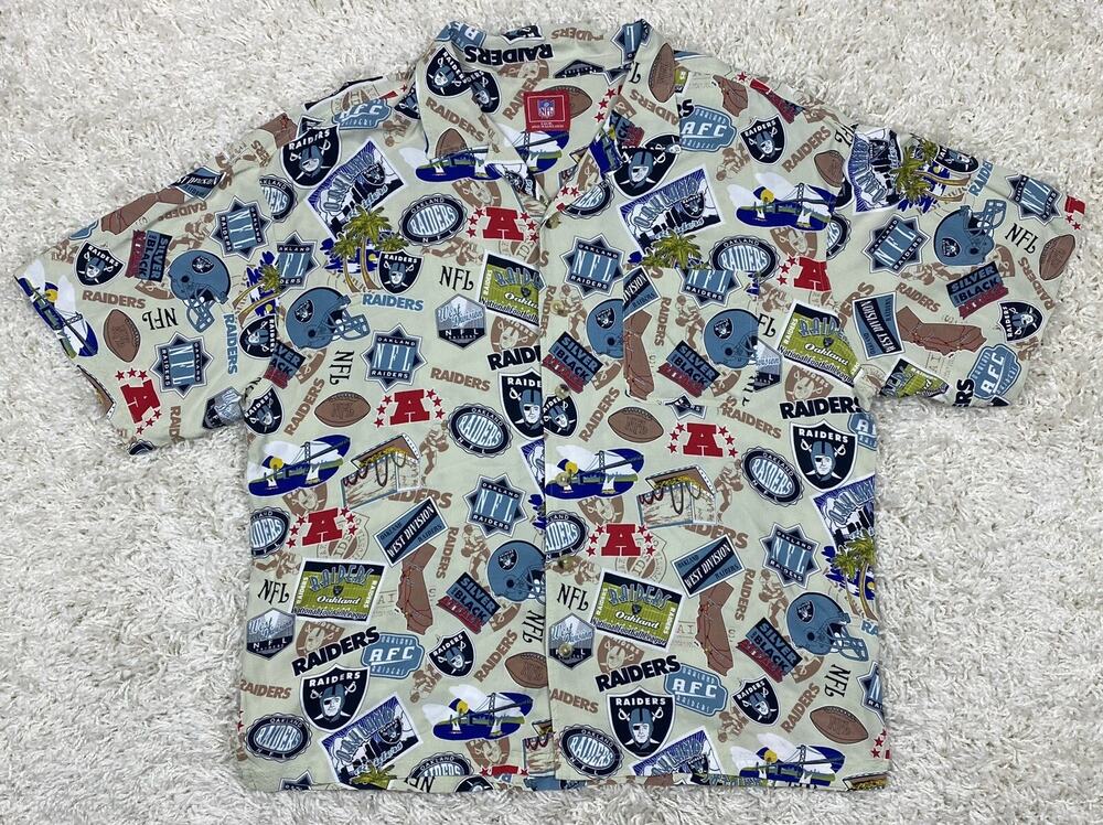 NFL Oakland Raiders Hawaiian Shirt XL All Over Print Button Up Aloha Camp